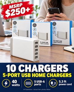 MSRP $250 LOT OF 10 NEW 40-WATT 5-PORT USB HOME CHARGERS, 8A HIGH-OUTPUT MULTI-DEVICE WALL CHARGING STATIONS, 5.3FT POWER CORDS, CHARGE PHONES, TABLETS & USB DEVICES, GREAT FOR HOME, OFFICE & RESALE