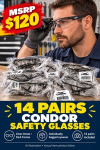 MSRP $120 NEW 14 PAIRS CONDOR SAFETY GLASSES INDIVIDUALLY BAGGED PROTECTIVE EYEWEAR WITH CLEAR LENSES &amp DARK FRAMES
