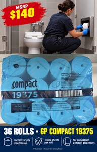 MSRP $140 GP COMPACT 19375 CORELESS TOILET PAPER - QTY 36 ROLLS, 2-PLY RESTROOM TISSUE FOR COMPATIBLE COMPACT DISPENSERS