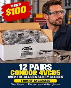 MSRP $100 NEW BOX OF 12 GLASSES CONDOR 4VCD5 CLEAR OVER-THE-GLASSES SAFETY GLASSES - PROTECTIVE EYEWEAR DESIGNED TO FIT OVER PRESCRIPTION GLASSES