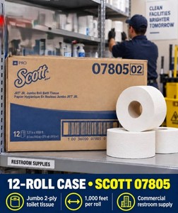 MSRP $120 NEW SCOTT 07805 JUMBO TOILET TISSUE - QTY 1 CASE  12 ROLLS - 2-PLY TISSUE FOR COMPATIBLE COMMERCIAL RESTROOM DISPENSERS