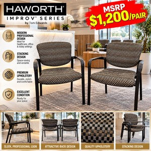 MSRP $1,200PAIR HAWORTH IMPROV SERIES BY TOM EDWARDS - 2 UPHOLSTERED LEG-BASE STACKING CHAIRS FOR LOBBY &amp GUEST SEATING - EXCELLENT CONDITION