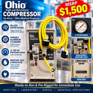 MSRP $1,500 OHIO AIRCO HIGH PERFORMANCE COMPRESSOR, OIL-LESS PISTON DESIGN WITH DURABLE ALUMINUM CYLINDERS - READY-TO-RUN &amp PRE-RIGGED WITH MOISTURE TRAP &amp REGULATOR TO PROTECT YOUR TOOLS WORKS GREAT