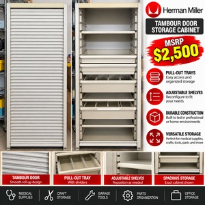 MSRP $2,500 Herman Miller Locking Tambour Door Storage Cabinet -Pull-Out Trays &amp Adjustable Shelves, Supply Organizer, Craft Storage, Garage Tool &amp Parts This is for 1 sturdy cabinet&nbsp