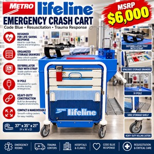 MSRP $6,000 Metro Lifeline Emergency Medical Crash Cart, Code Blue Resuscitation &amp Trauma Response Cart, Tray For Defibrillator, Back Board, IV Pole, Organized Storage Drawers, Heavy-Duty Hospital Cart, 37x35x21 See Youtube Great Condition