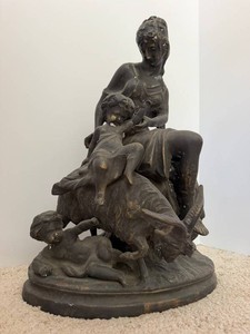 Vintage Figural Woman, Children & Goat Metal Sculpture - 17 Inches Tall