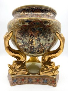 Moriage Figural Urn Vase With Gilt Dragon Handles - 9 X 11 in