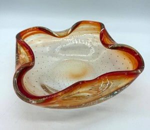 Art Glass with Controlled Bubbles Bowl - Amber & Red, 9 X 2 in
