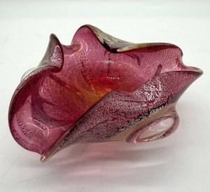 Magenta Pink Art Glass Bowl With Silver Foil Inclusions