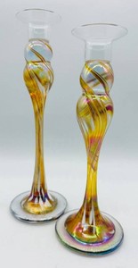 Vintage Rosetree New Orleans Iridescent Art Glass Candlestick Pair - Signed