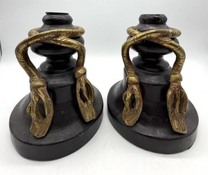 Pair of Sculptural Black Candle Holders With Brass Accents