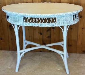 Vintage White Wicker Oval Side Table 36 X 24 X 30 in