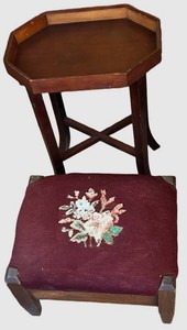 Vintage Wood Occasional Table & Needlepoint Footstool Mixed Lot
