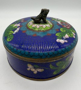 Vintage Cloisonne Enamel Trinket Box With Foo Dog Finial - 6.5in