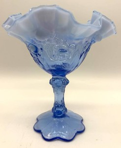 Vintage Fenton Blue Opalescent Cabbage Rose Compote - 6 in Tall