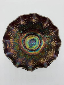 Fenton Iridescent Amethyst Persian Medallion Carnival Glass Footed Ruffled Bowl - 3 in H