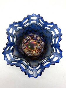 Fenton Open Edge Basketweave Blue Carnival Glass Bowl - 7 X 3 in
