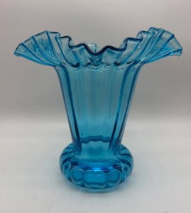 Vintage 1940s Beacon Glass Company Blue Ruffled Vase