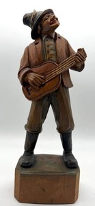 Vintage Anri Carved Wood Musician With Banjo - Italy