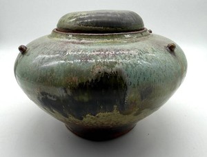 Signed Studio Pottery Lidded Vessel - Green and Brown Glaze