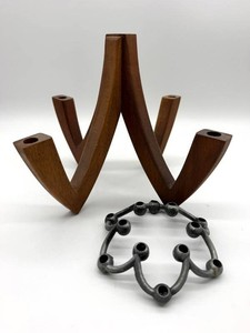 Mid-Century Scandinavian Wooden & Metal Candleholders Mixed Lot