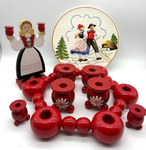 Norwegian Folk Art Mixed Lot - Wooden Candle Holders, Figure & Plate