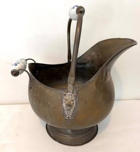 Vintage Decorative Metal Coal Scuttle With Lion Mask - 11 X 13 in