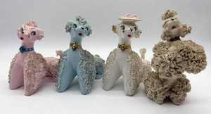 Vintage Japanese Ceramic Poodle Figurines With Textured Fur (Lot of 4)