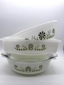 Vintage Glasbake Green Daisy Casserole Dish Set - 3 Dishes & 1 Lid