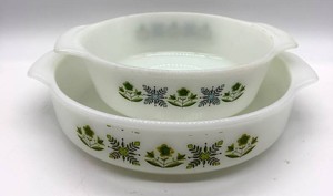 Vintage Anchor Hocking Meadow Green Floral Glass Dishes 7.5in & 9in (Lot of 2)