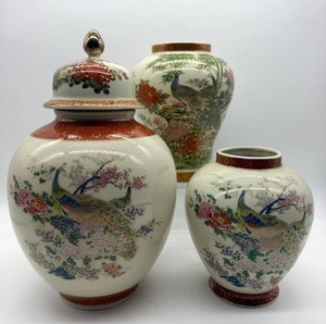 Vintage Satsuma Peacock Ginger Jars & Vessel (Lot of 3)