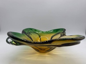 Freeform Art Glass Bowl - Green, Amber & Clear, 10 X 4 in