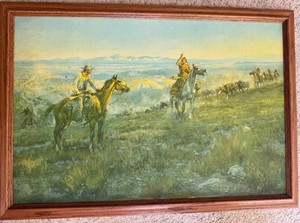 Vintage Framed Charles Russel Print - Western Cowboy and Cattle Herding Scene - 23 X 34 in