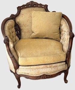 Vintage French Style Carved Wood Victorian Revival Upholstered Armchair