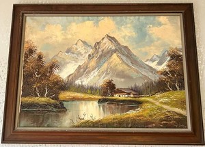 Vintage Factory Oil on Canvas Mountain Landscape 32 X 24 in
