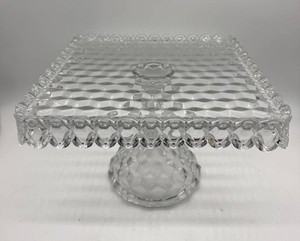 Vintage Fostoria Glass Square Pedestal Cake Stand 10 X 10 X 7 in