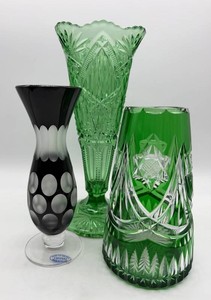 Hand-Cut Crystal Vases - Distinct Green & Black Styles (Lot of 3)