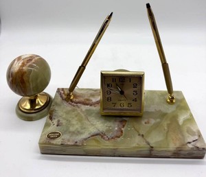 Vintage Onyx Desk Set With Equity Alarm Clock & Globe