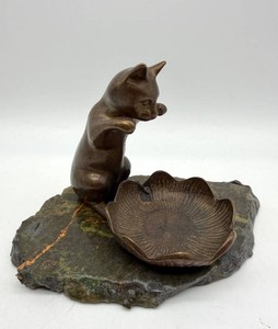 Brass Cat Figurine With Leaf Dish and Stone Base - 4 in