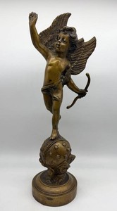 Vintage Brass Winged Cupid Archer Figural Statue on Top of the World - India