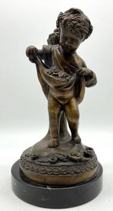 Vintage Cherub Harpist Figurine Metal Decorative Sculpture - 7.5 in