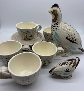 Vintage Red Wing Pottery Bob White Mixed Lot - Bird Pick Holder, 5 Cups & 6 Saucers - 8.5 in