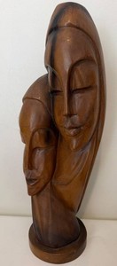 Vintage Mid Century Carved Wood Dual-Face Figure Sculpture - 19.5 in