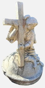 Weathered Religious Garden Sculpture Jesus Carrying Cross 15 X 24 in
