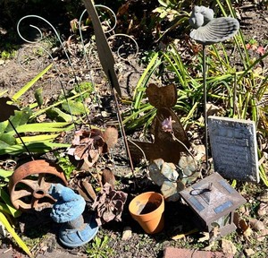 Rustic Garden Decor Mixed Lot - Birdbath, Lantern, Plaque & Metal Ornaments