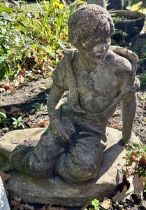 Weathered Cast Seated Child Garden Sculpture