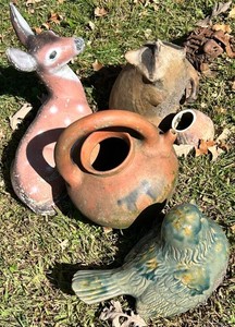 Mixed Lot 6pc Rustic Garden Decor, Animal Figures & Terracotta Vessels