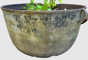 Vintage Large Weathered Metal Kettle Garden Planter - Cracked