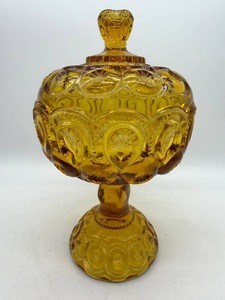 Vintage L.E. Smith Moon and Stars Amber Covered Compote 10 in.