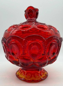 Vintage L.E. Smith Moon and Stars Amberina Covered Dish - 8